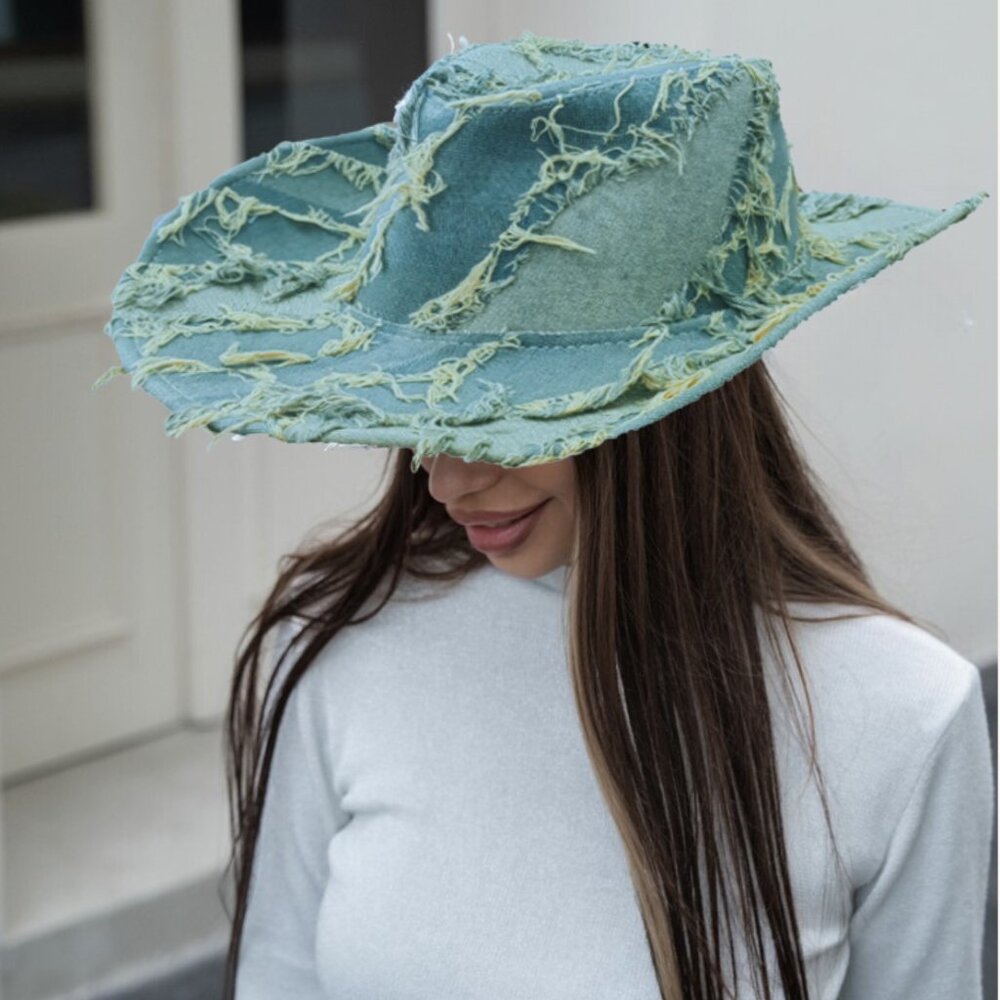 Vintage Style Distressed Denim Cowboy Wide Brim Fedora Hat Women Western *Firm*